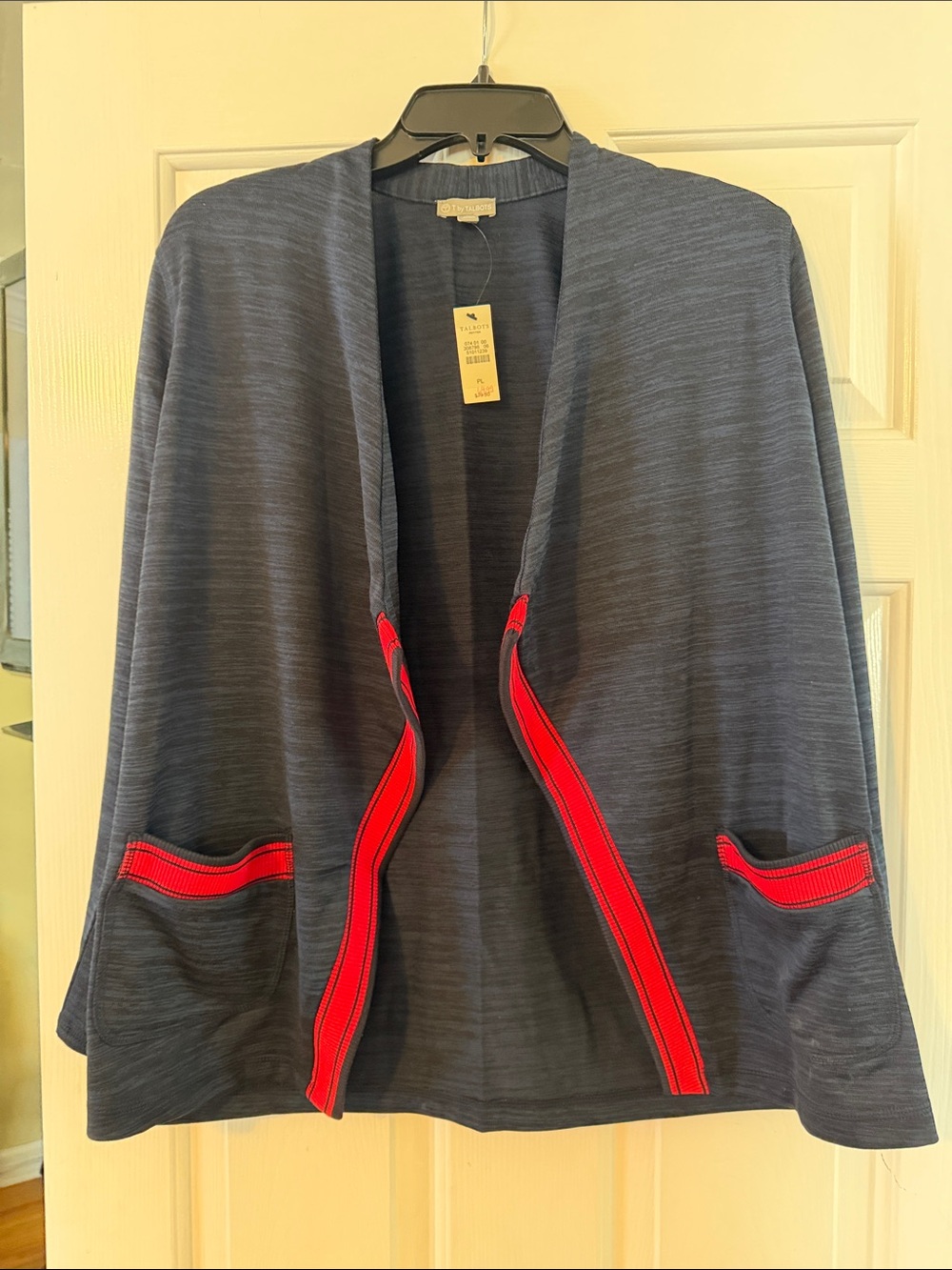 Talbots Navy Open-Front Sweater Cardigan with Red Tag Detail